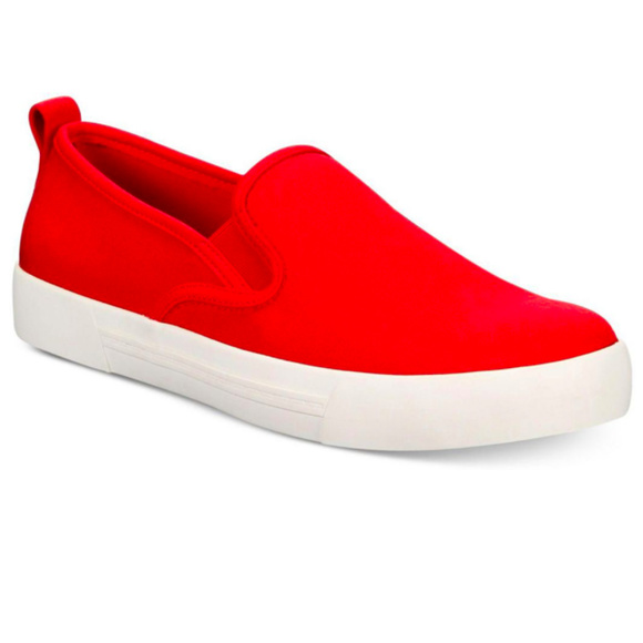 red slip on sneakers